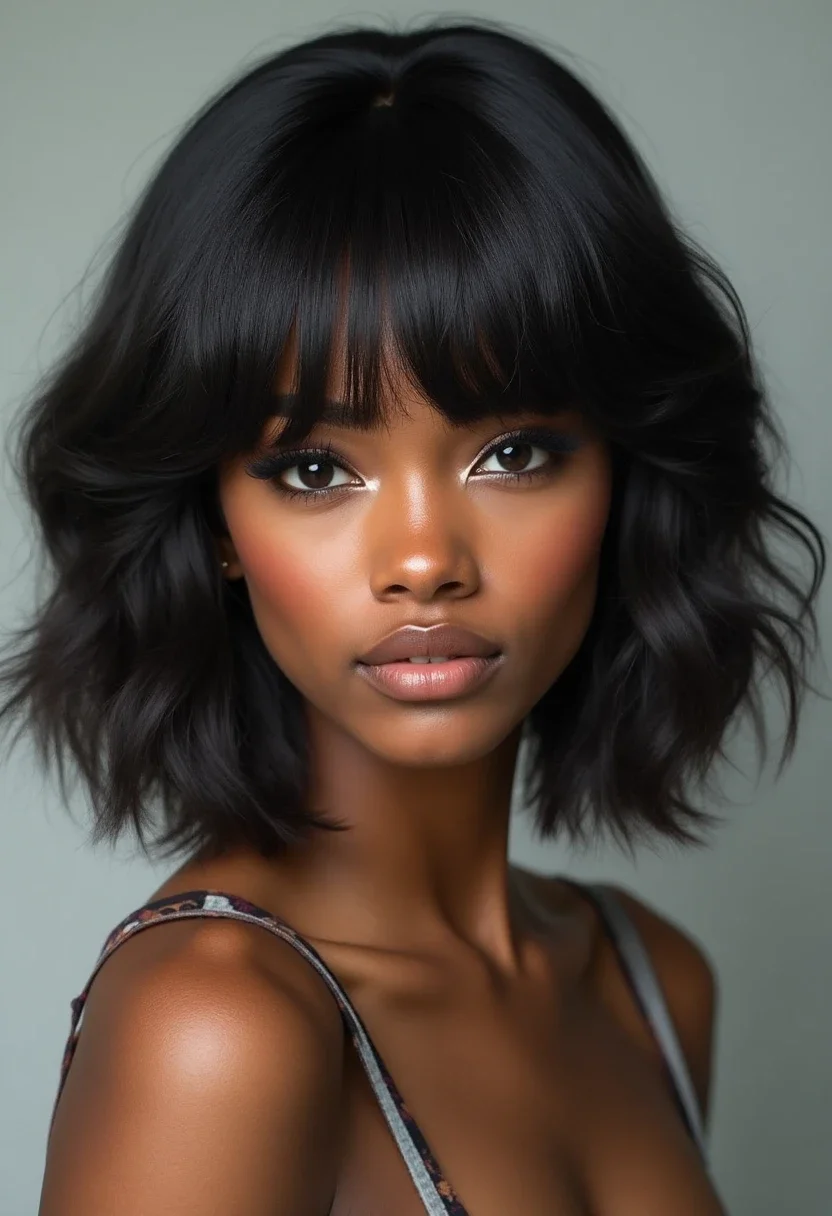 Black woman with a layered bob hairstyle.