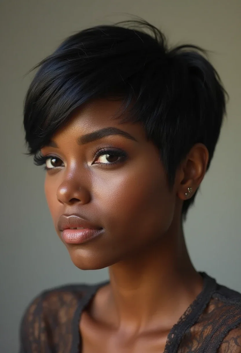Black woman with a pixie bob hairstyle.