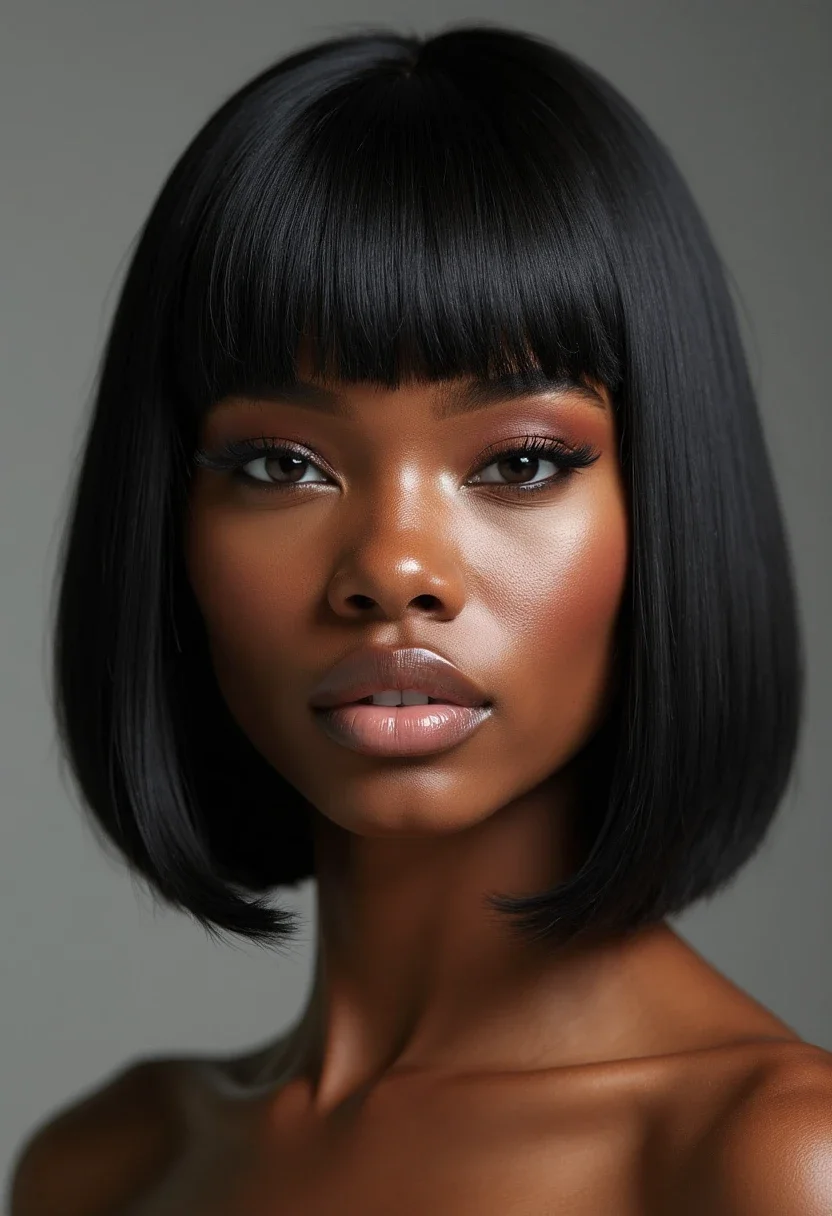 Black woman with a bob hairstyle and bangs.