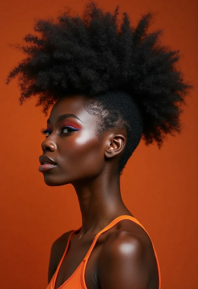 Woman with a high afro puff hairstyle.