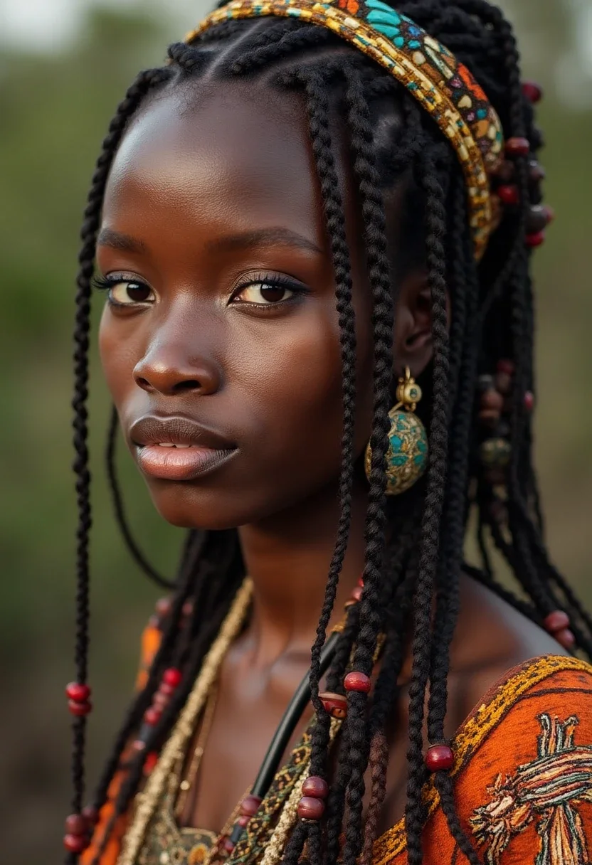 Woman with Fulani braids and beads.