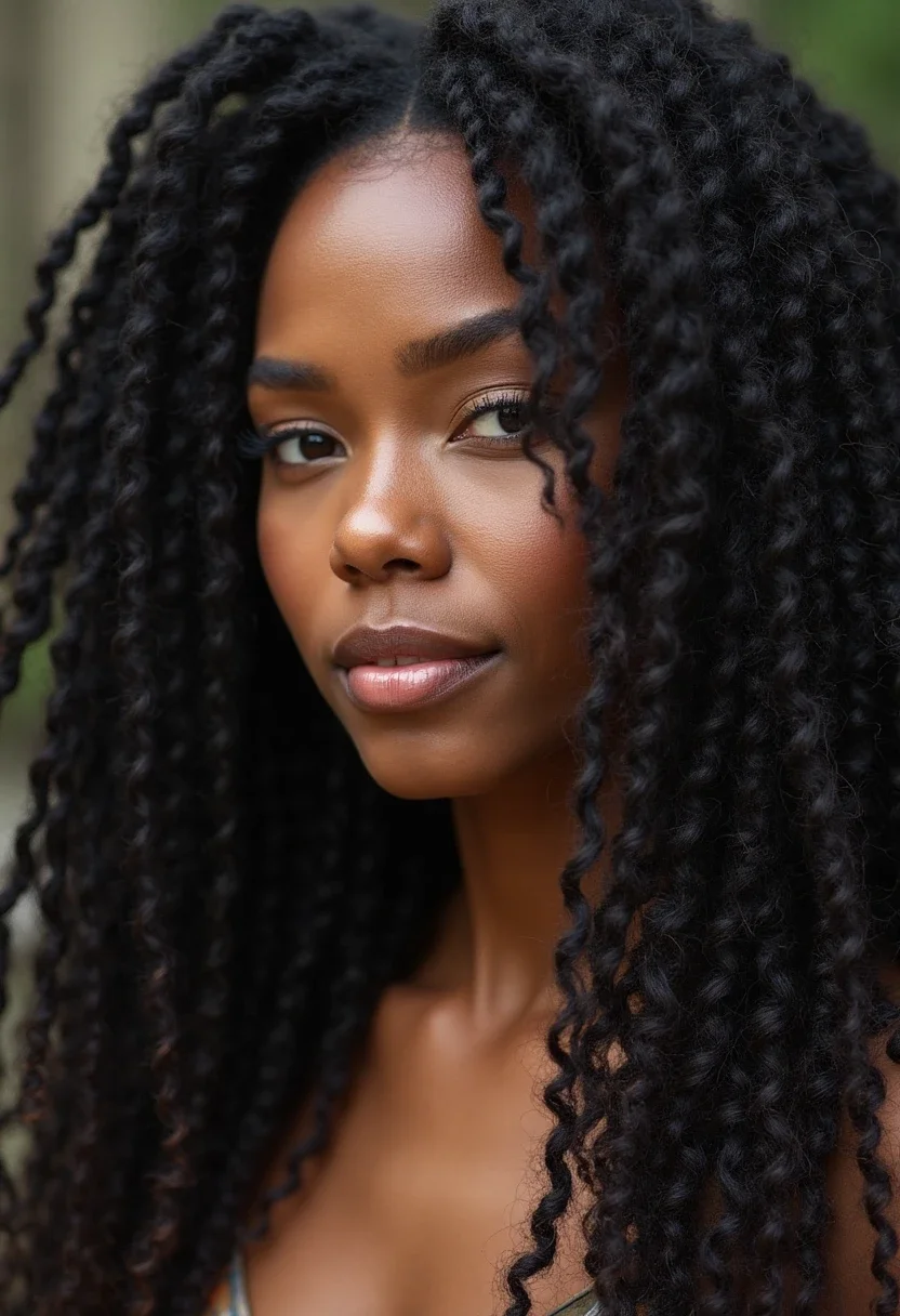 Woman with goddess locs and curly ends.