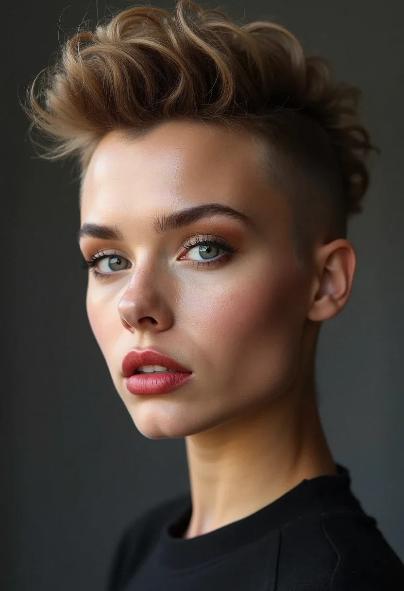 Woman with a Mohawk hairstyle and defined curls.