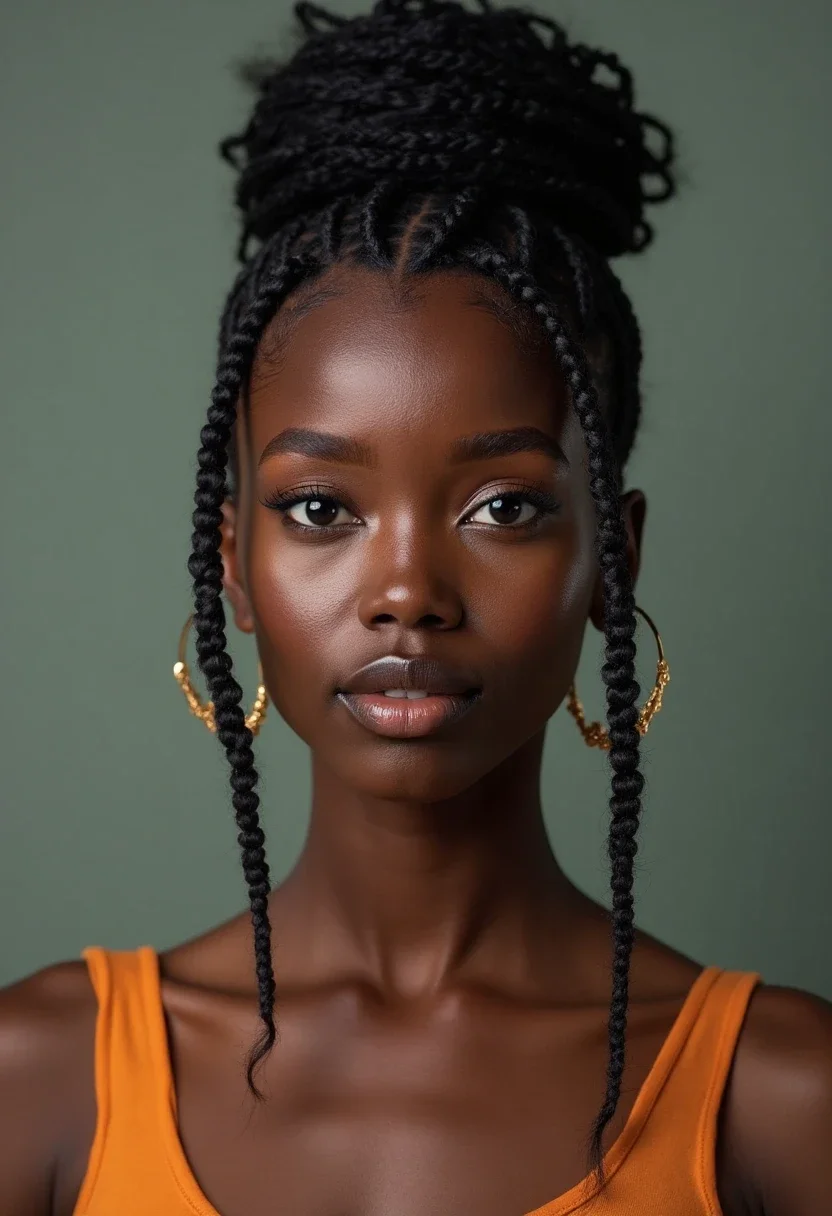 Woman with a braided bun hairstyle.