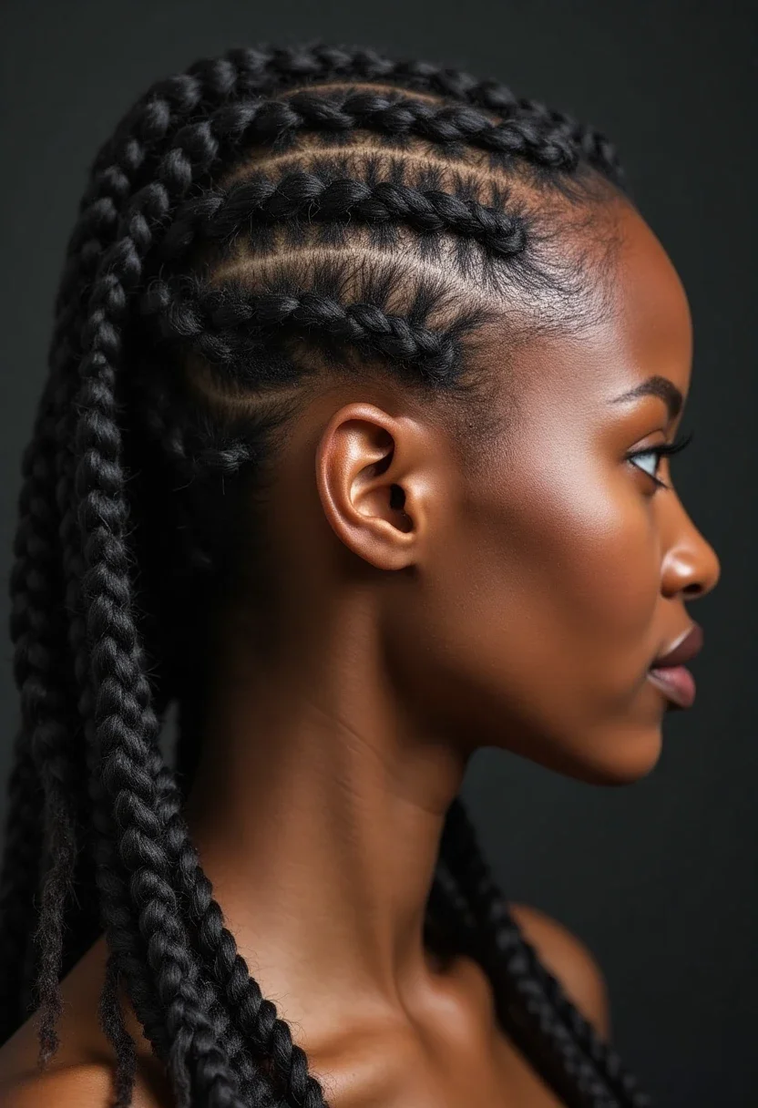 Woman with intricate cornrow braids.
