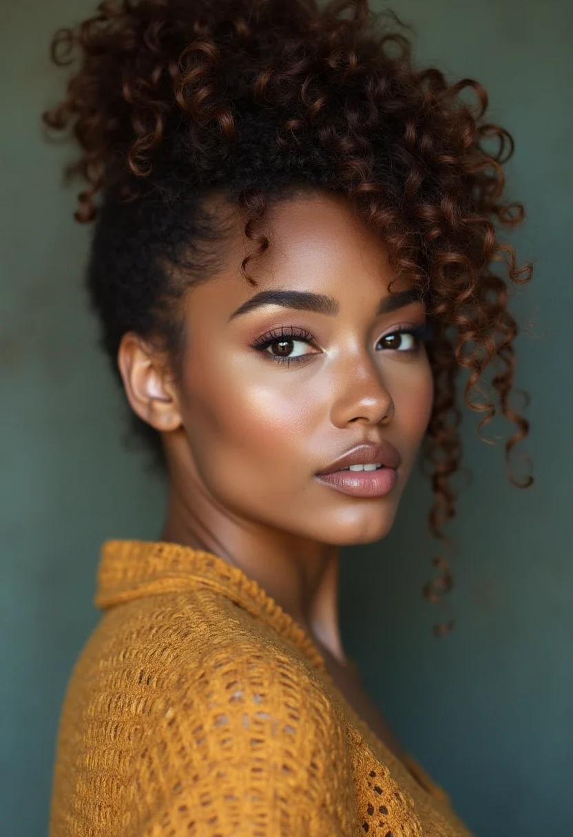 Woman with a pineapple updo hairstyle.