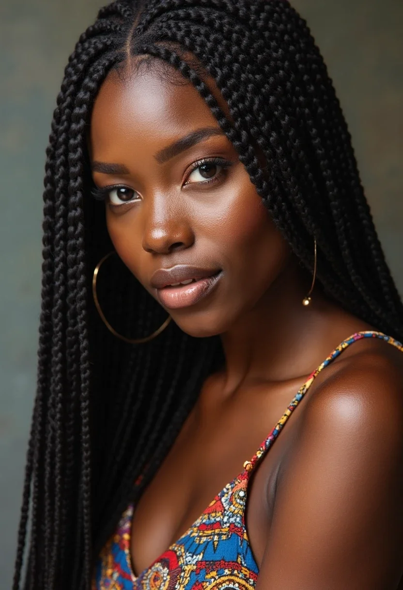 Profile view of a woman with Ghana Braids.