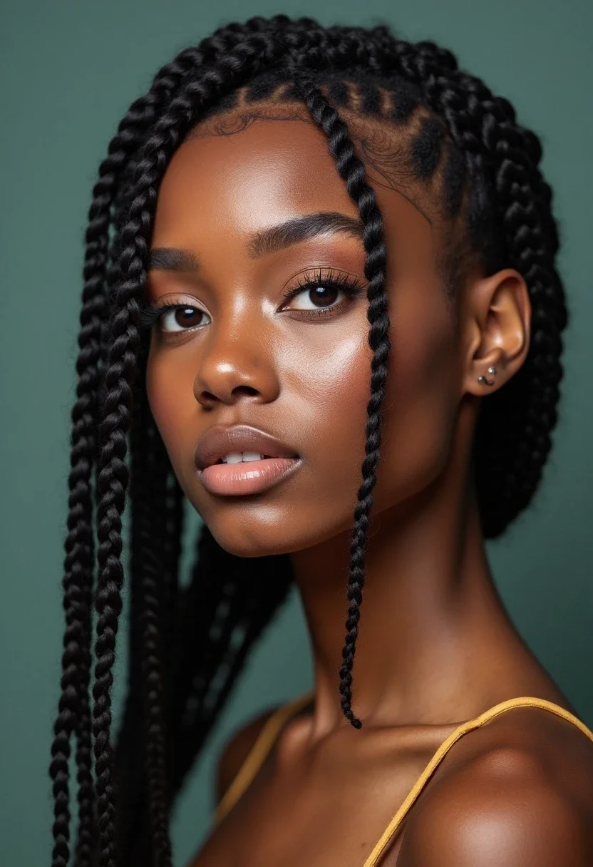 Woman with side-swept cornrows hairstyle.