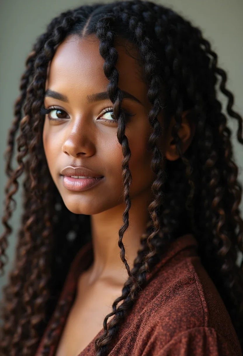 Close-up of cornrows transitioning into curly ends.