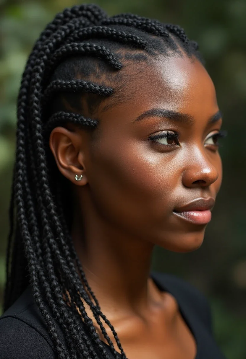 Front view of asymmetrical cornrows on a woman.