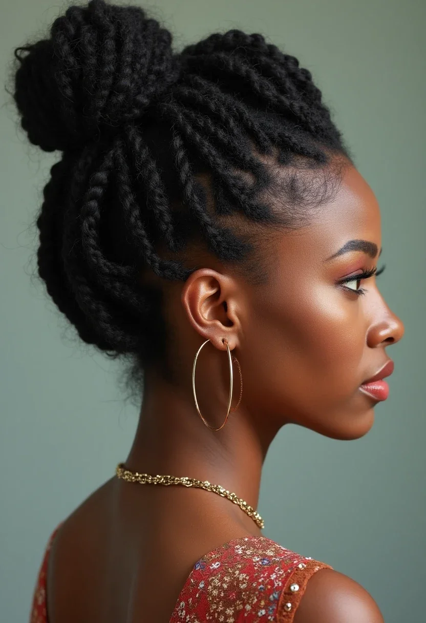 Back view of a cornrow updo hairstyle.