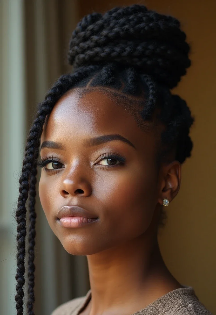 Woman with cornrow buns hairstyle.