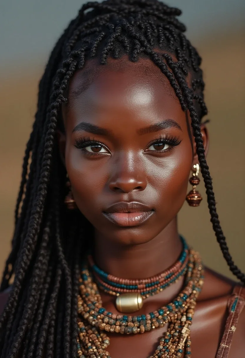 Front view of a woman with Fulani Braids and decorative beads.