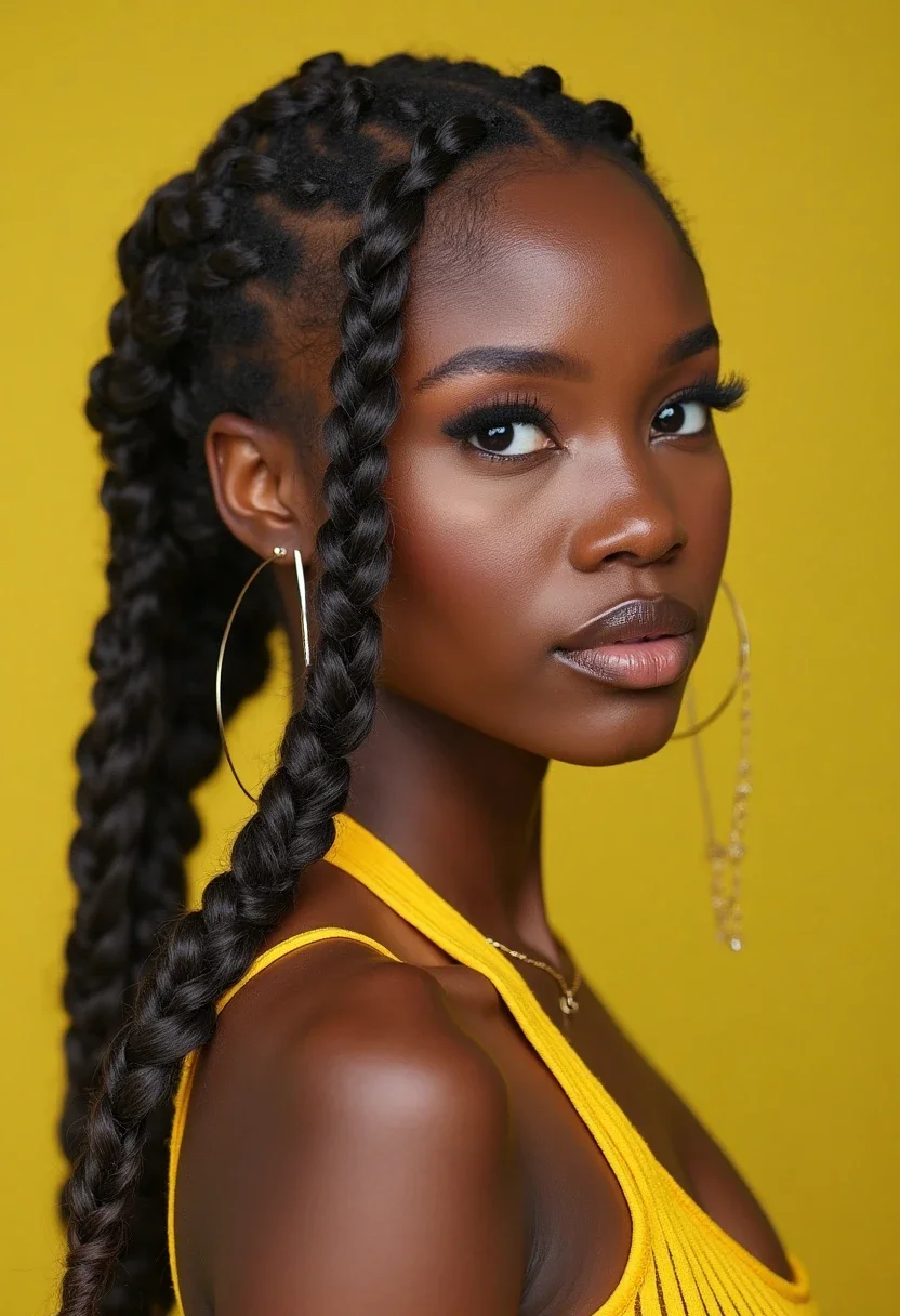 Side profile of a woman with lemonade braids.