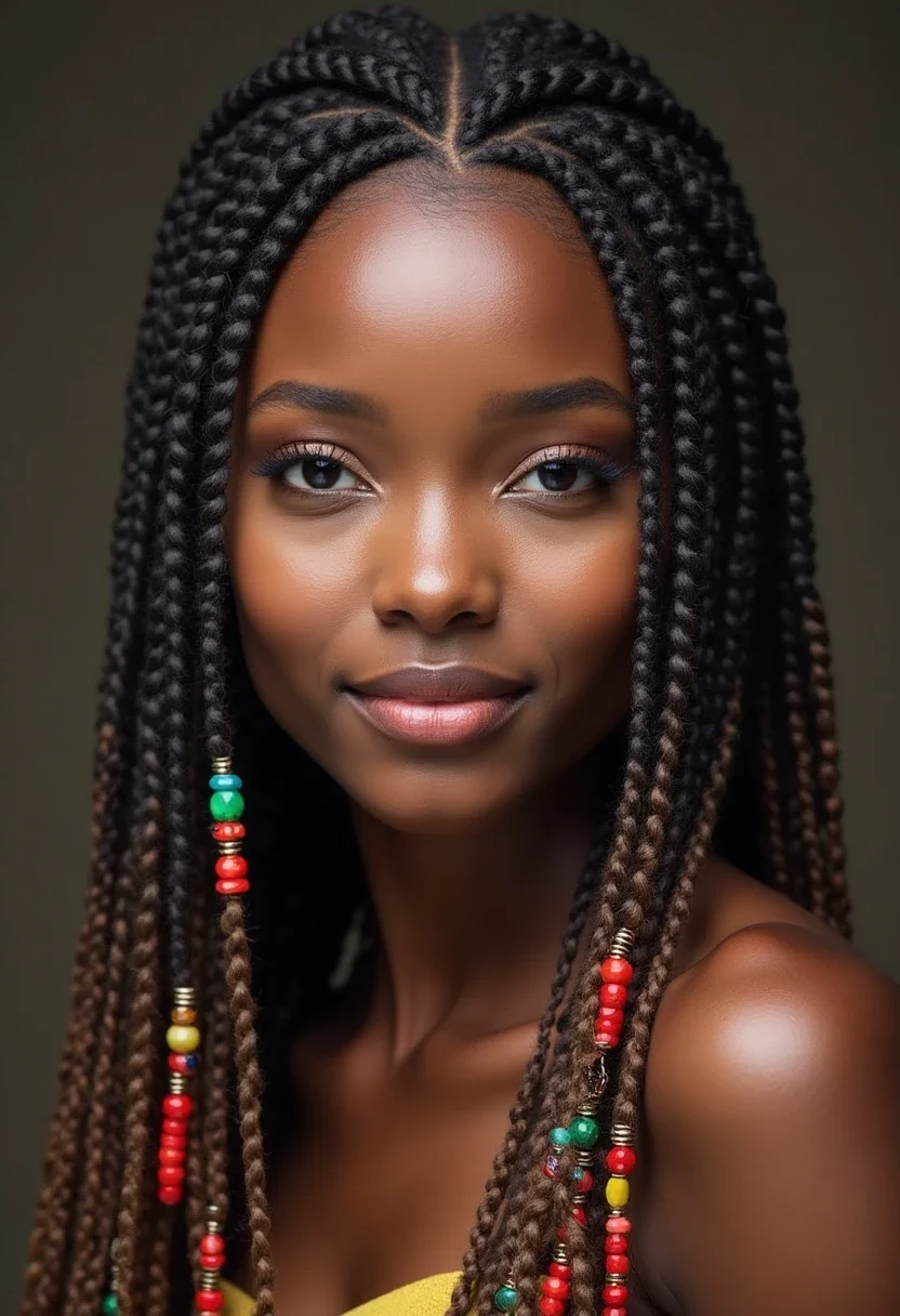 Close-up of cornrows with colorful beads.
