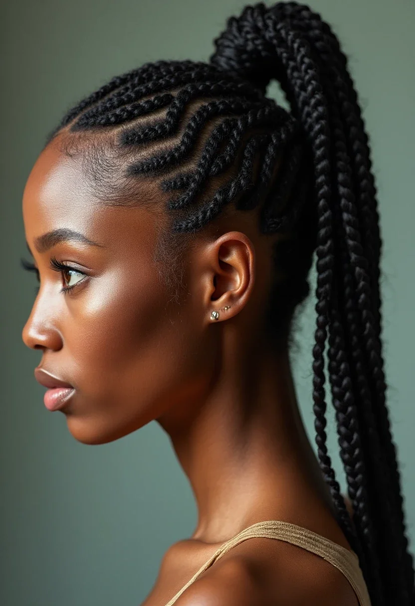 Woman with a high cornrow ponytail.