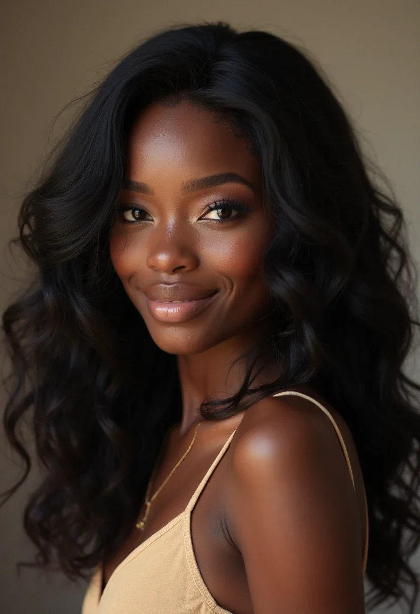Black woman with beachy waves hairstyle, hair cascading in loose curls.