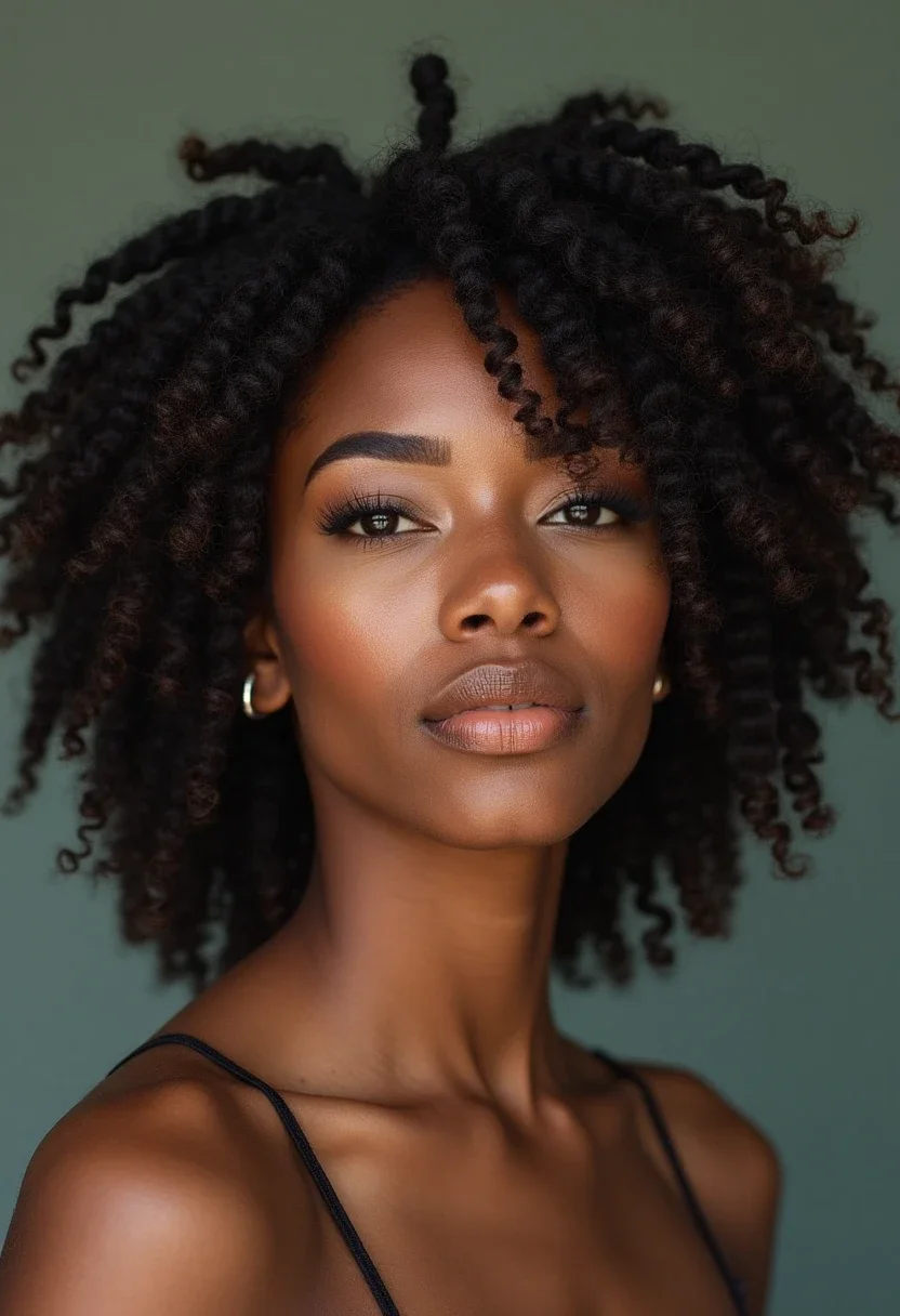 Black woman with faux locs hairstyle, showcasing textured and natural-looking locs.