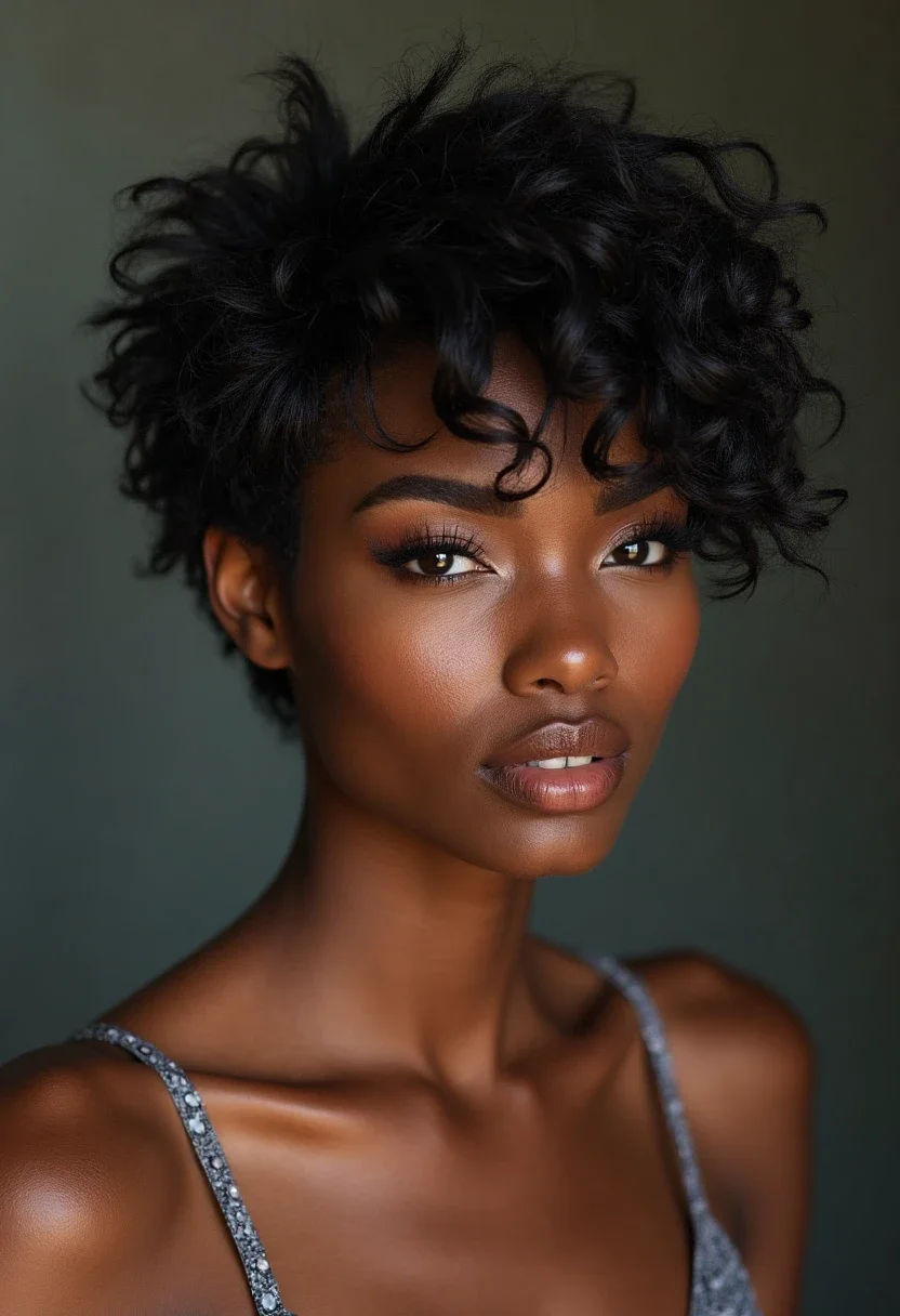 Black woman with short and sassy hairstyle, featuring textured and playful layers.