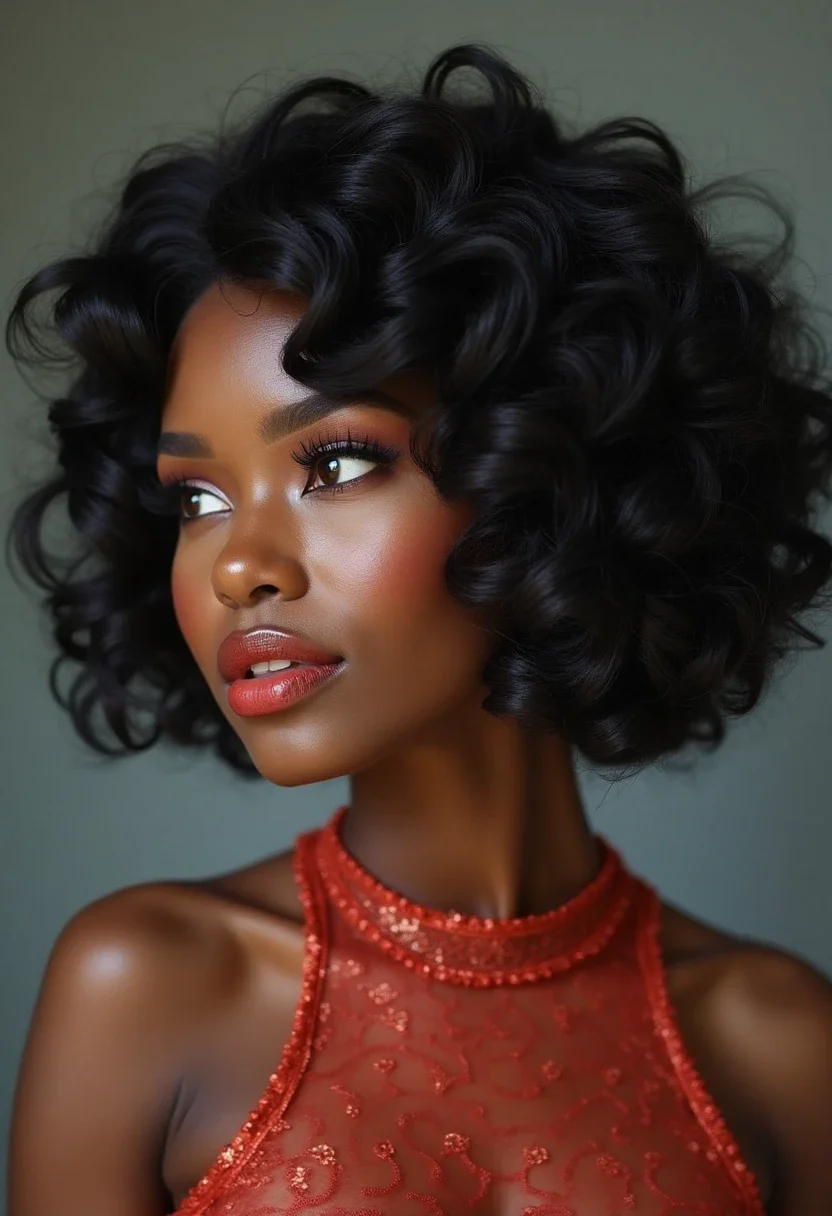 Black woman with vintage glam hairstyle, featuring classic pin curls.