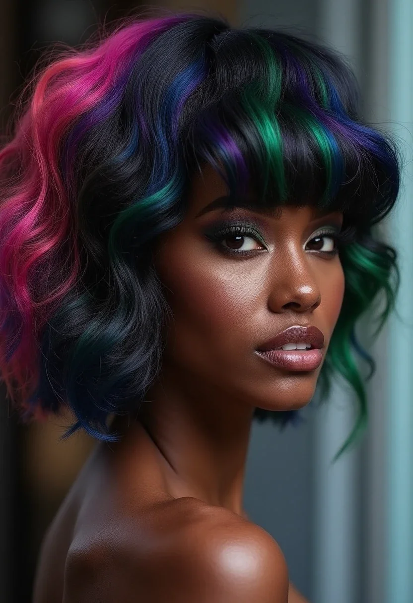 Black woman with colorful highlights hairstyle, showcasing vibrant and playful hues.