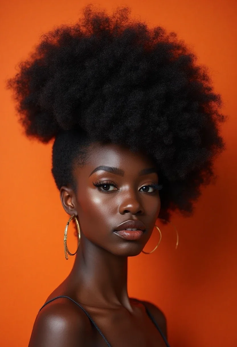 Black woman with an afro puff hairstyle, showcasing voluminous and textured hair.