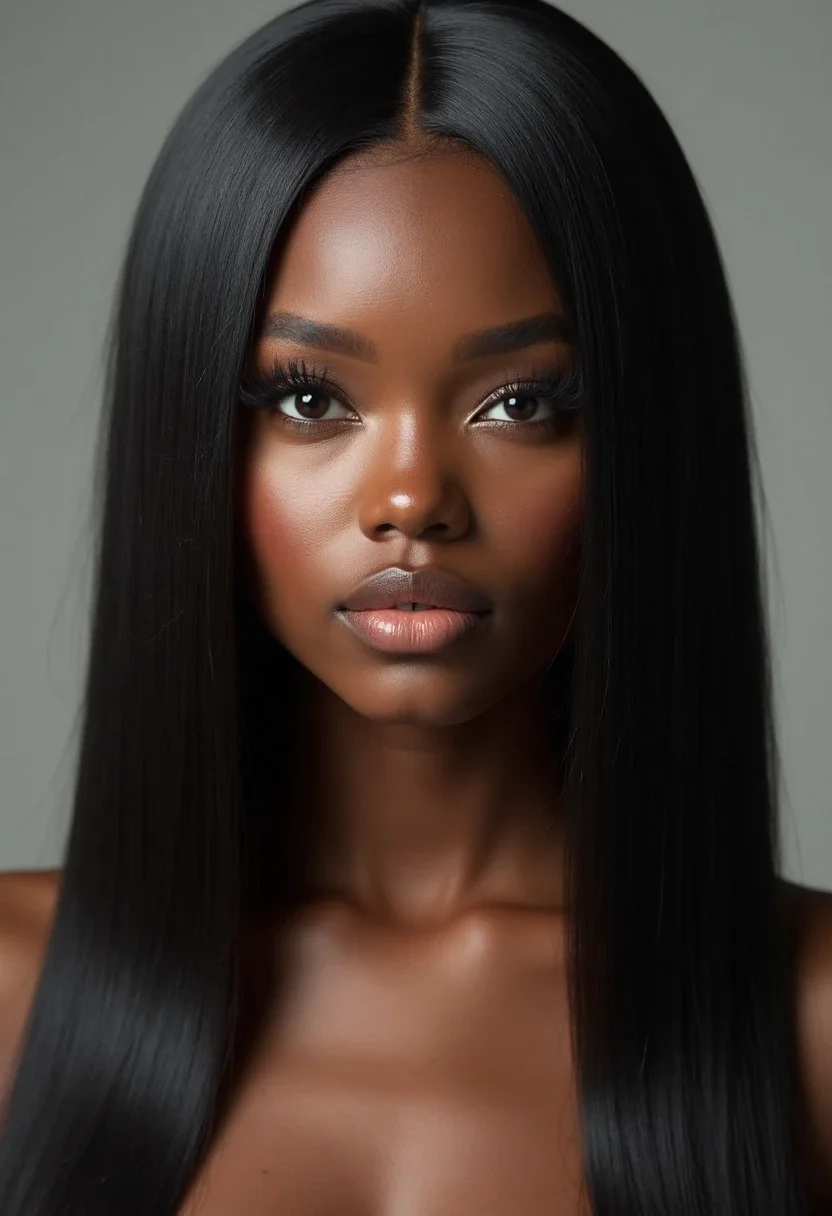 Black woman wearing a sleek straight wig, hair parted in the middle.