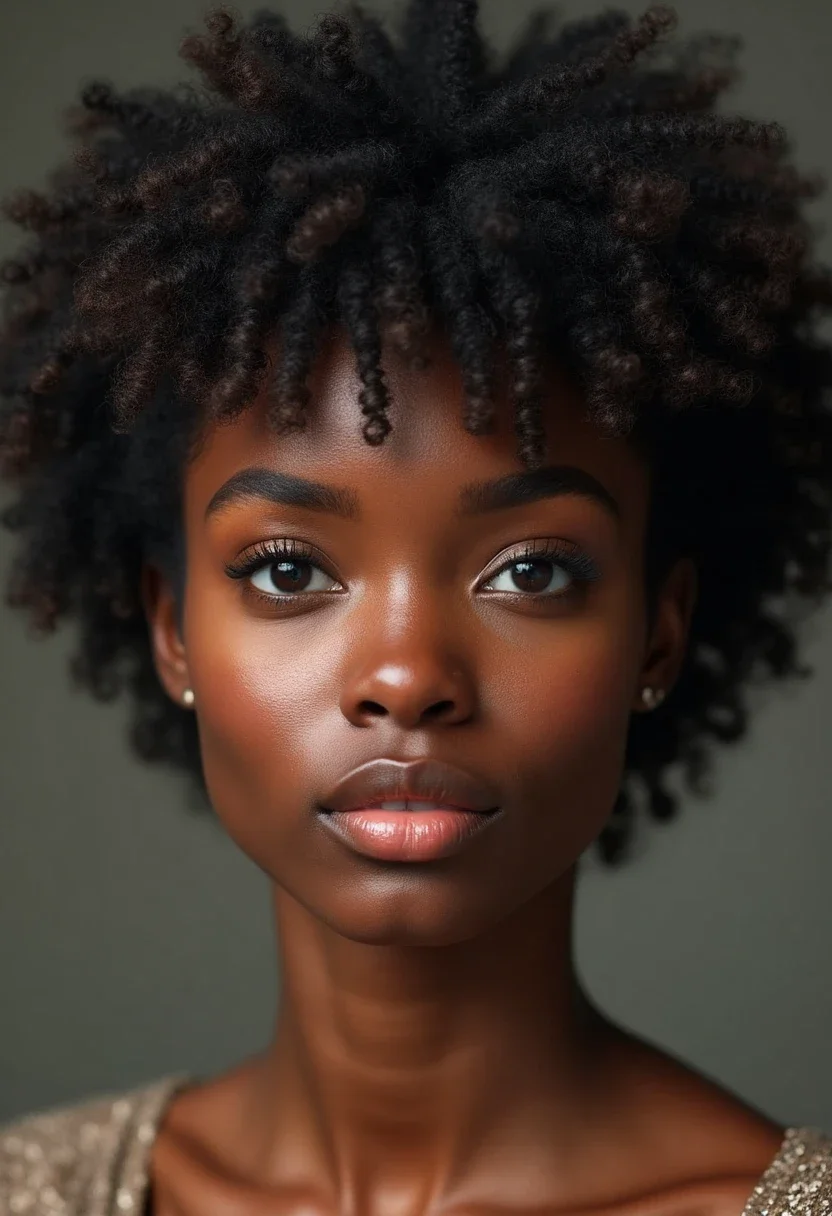 Black woman with a curly pixie hairstyle, showcasing short and textured curls.