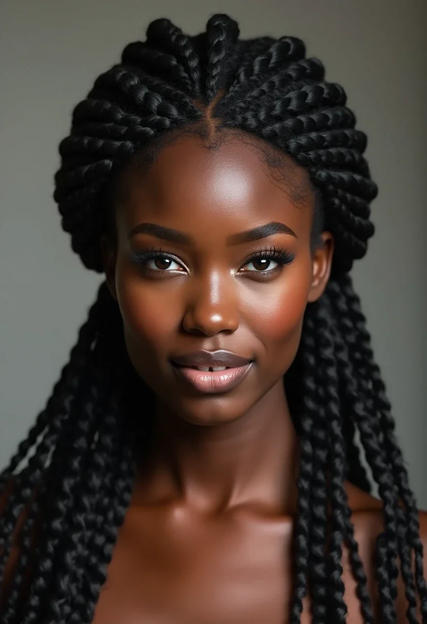 Black woman with a braided crown hairstyle, featuring intricately styled braids.