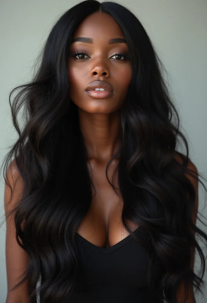 Black woman with long layered hairstyle, hair cascading in soft layers.
