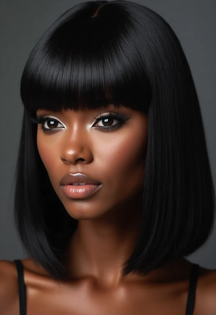Black woman with bold bangs hairstyle, featuring straight-across bangs.