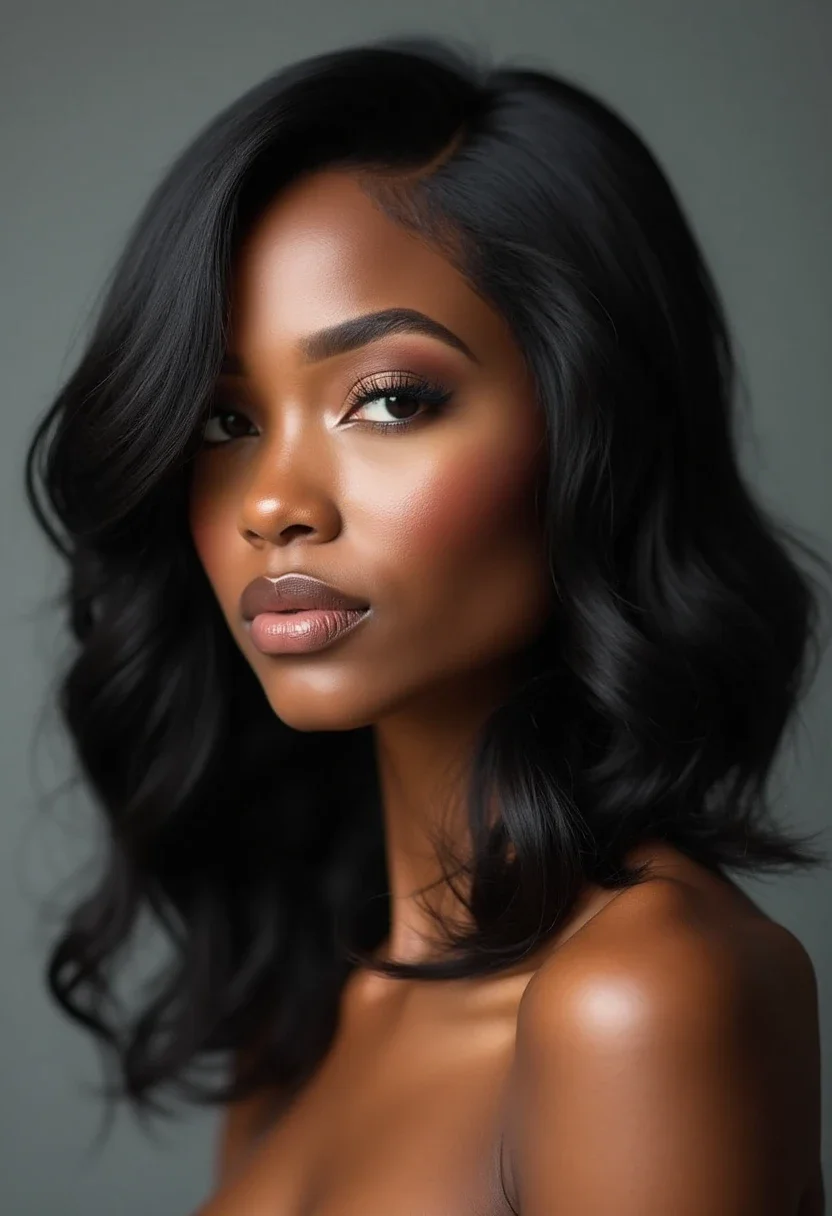 Black woman with deep side part hairstyle, hair swept dramatically to one side.