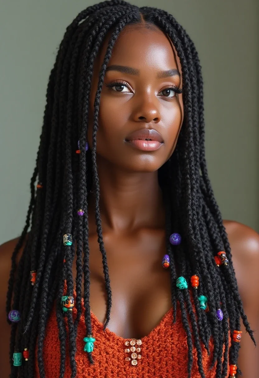 Black woman with box braids and beads.