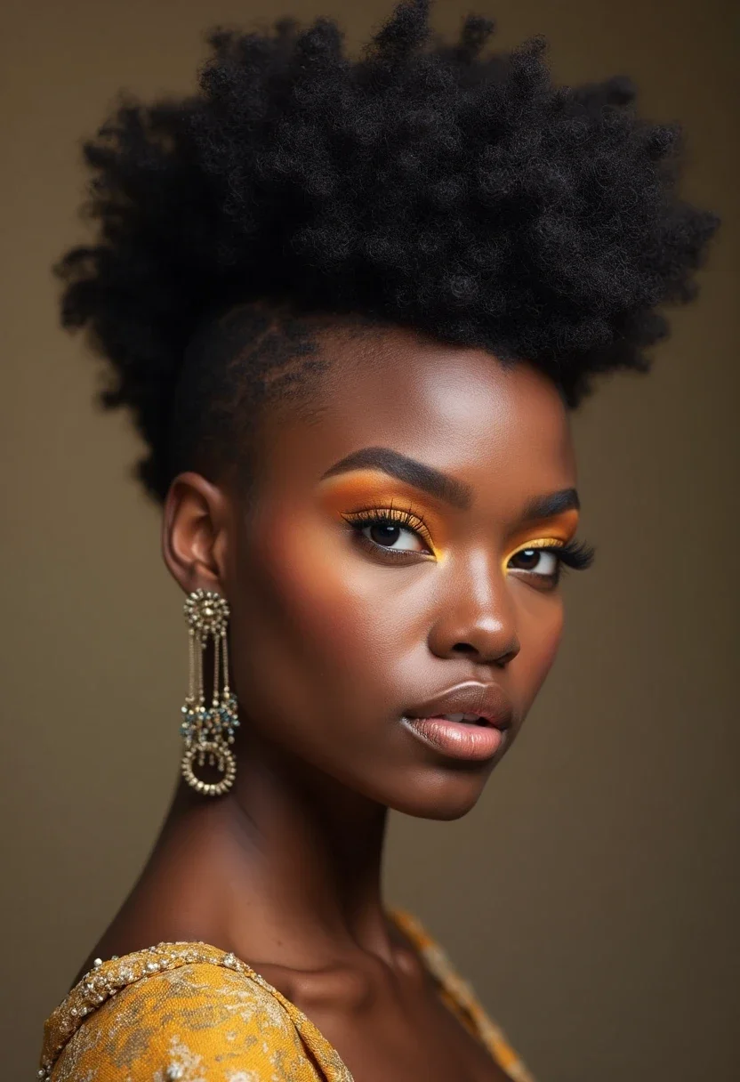 Black woman with a curly frohawk hairstyle.