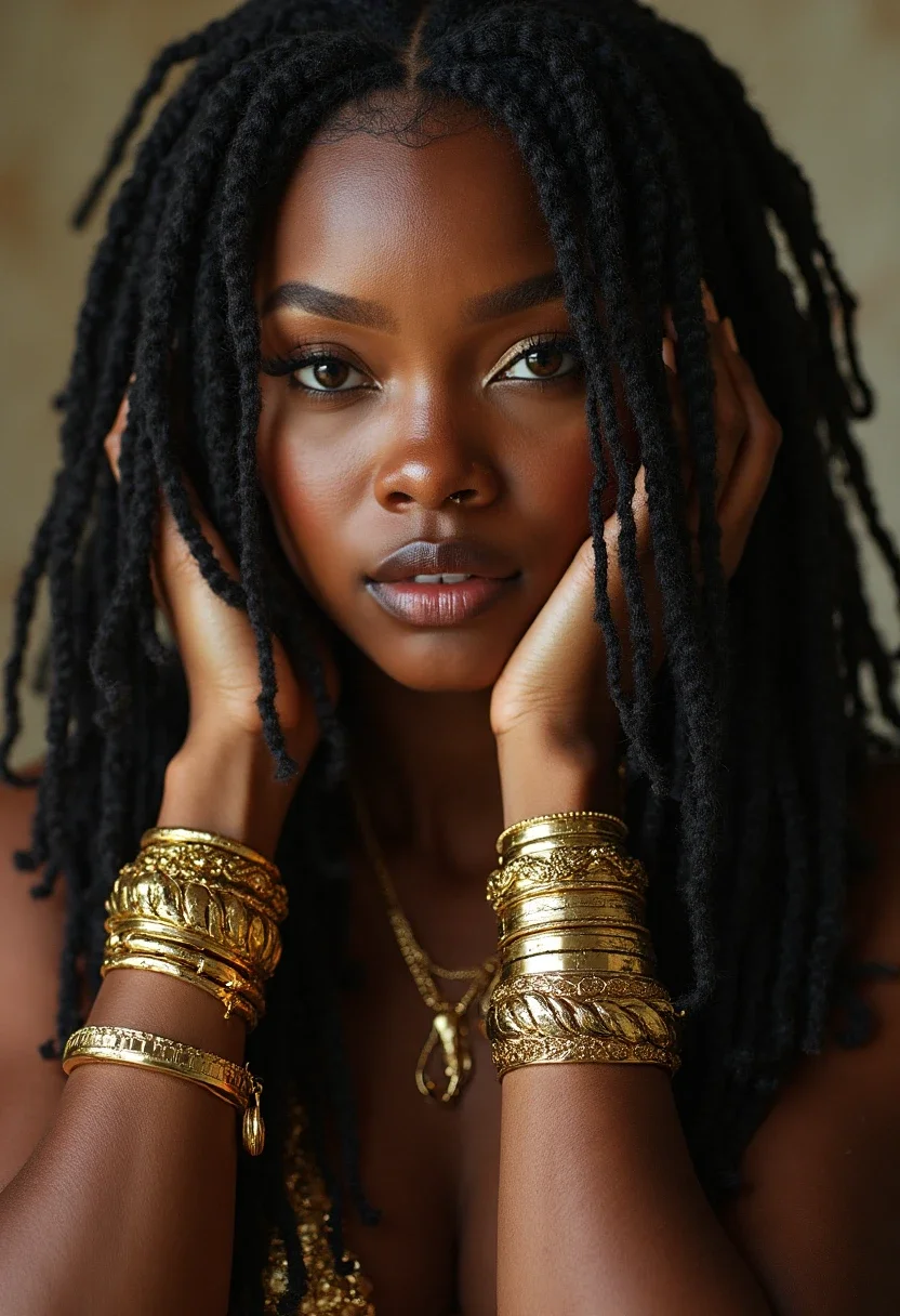 Black woman with faux locs hairstyle.