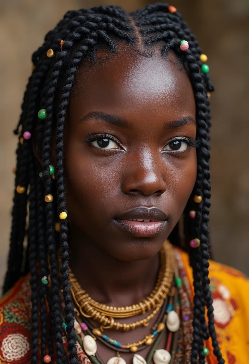 Black woman with Fulani braids adorned with beads
