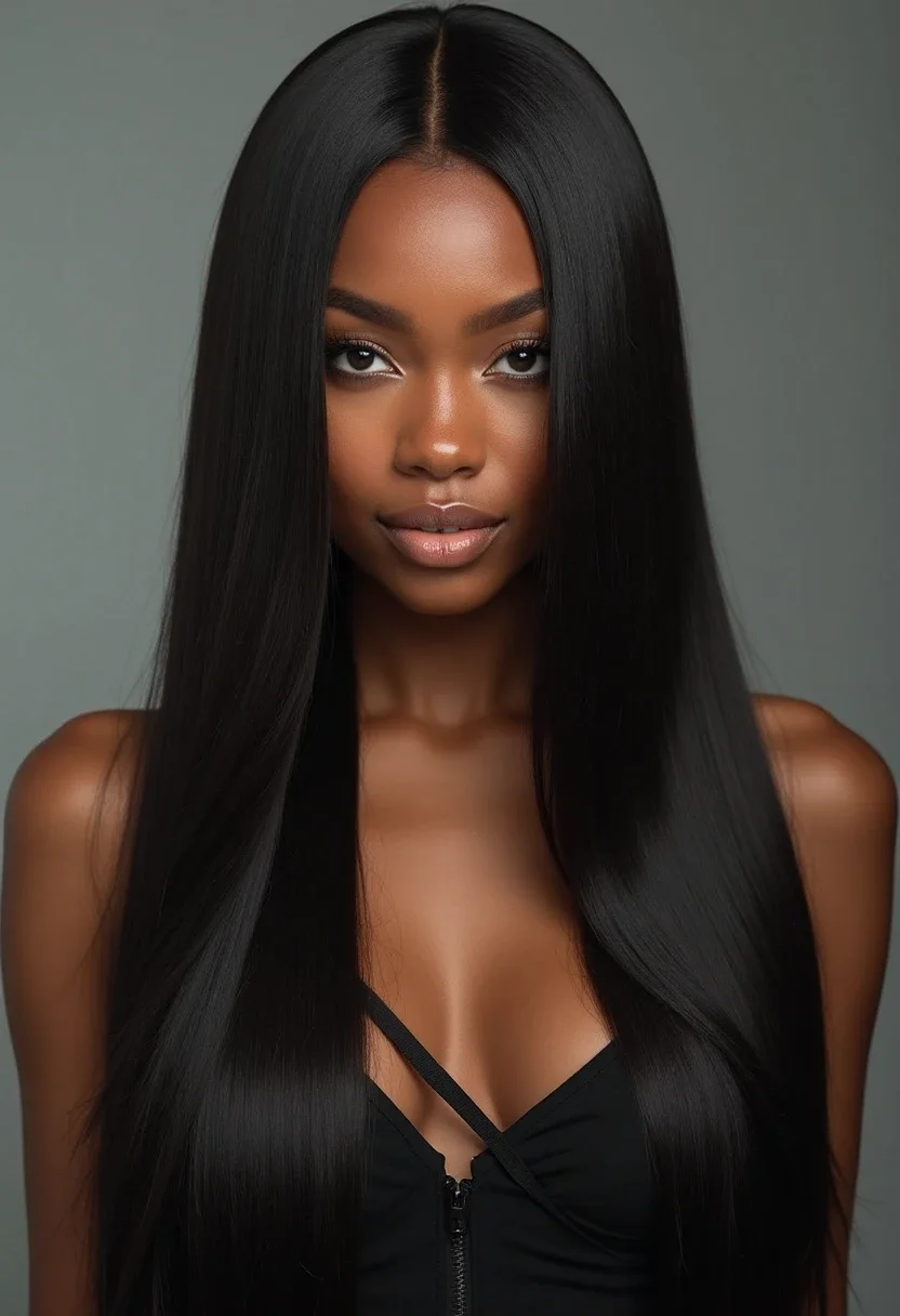 Black woman with a sleek silk press hairstyle