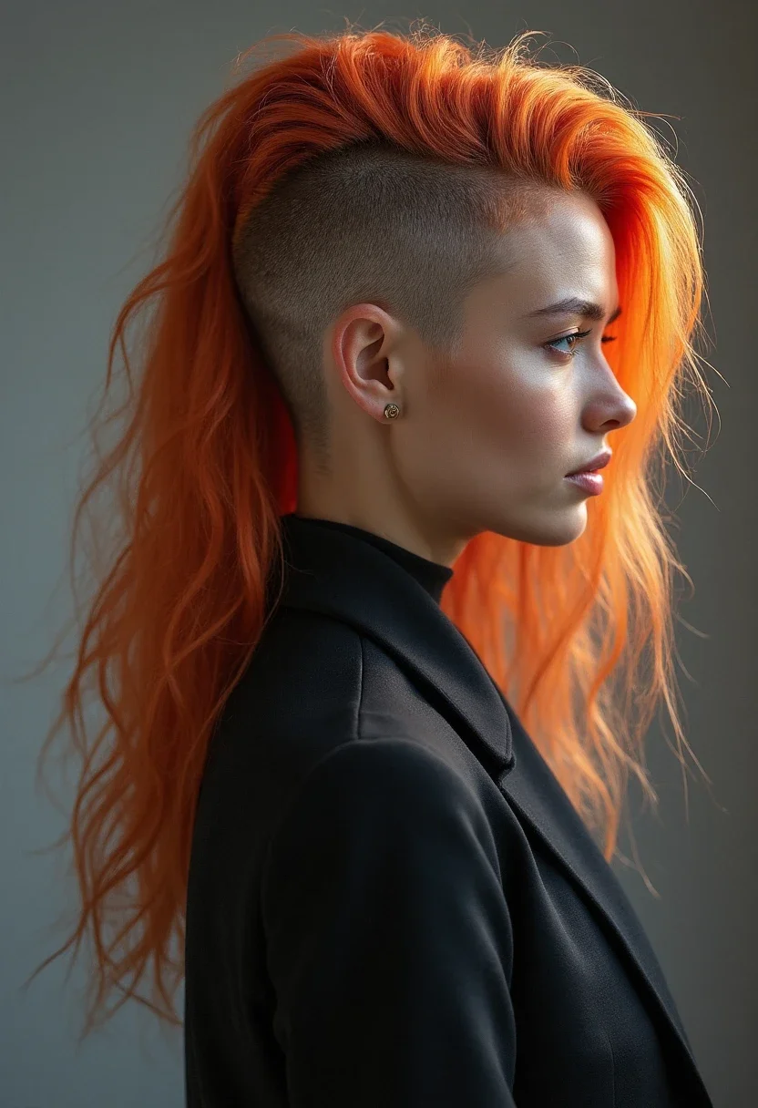 Woman with a classic nape undercut, long hair covering the shaved nape.