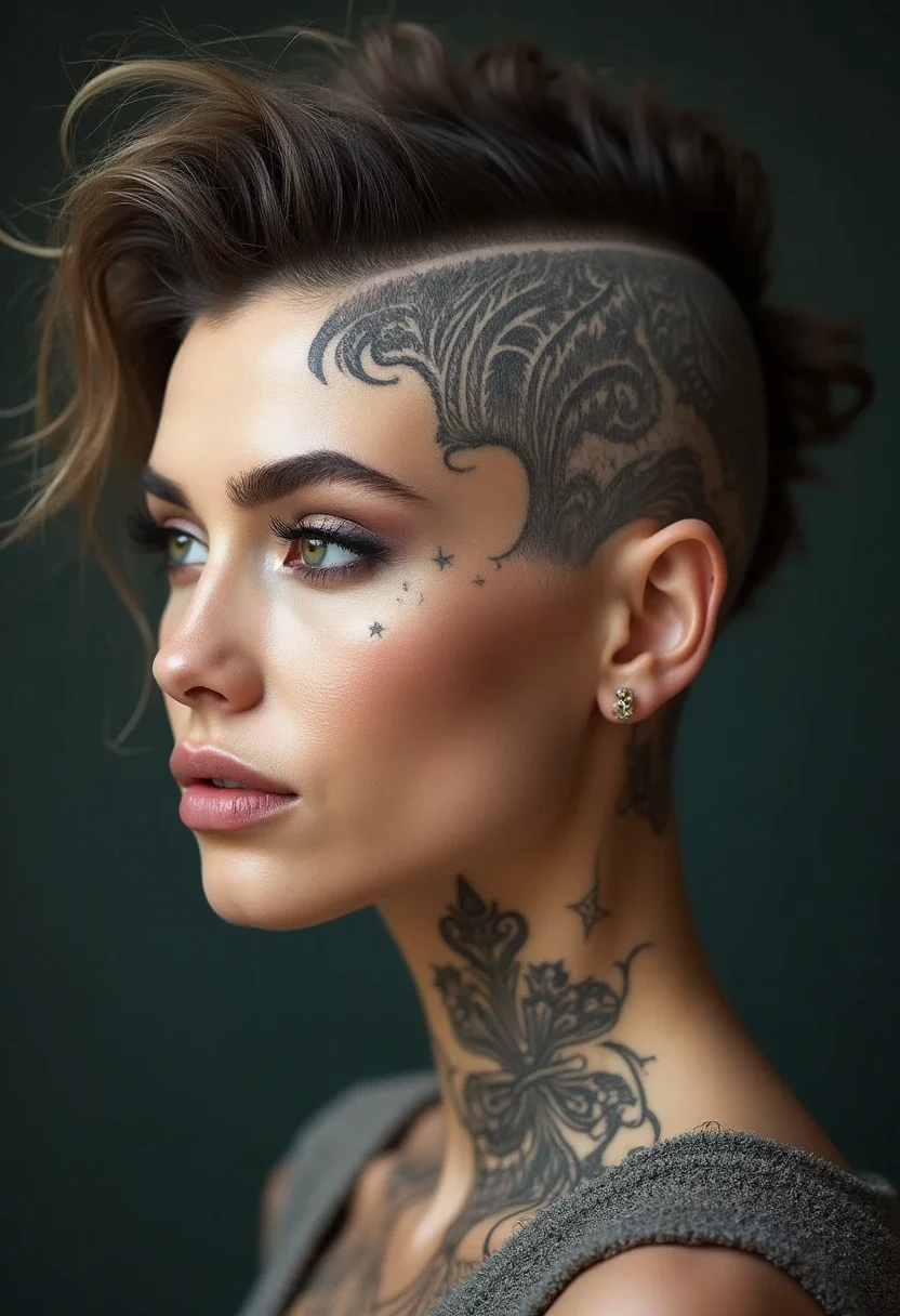 Woman with a shaved design undercut, intricate patterns shaved into the hair.