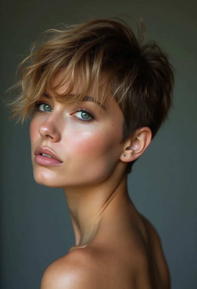 Woman with a textured undercut, layers creating contrast with shaved sides.