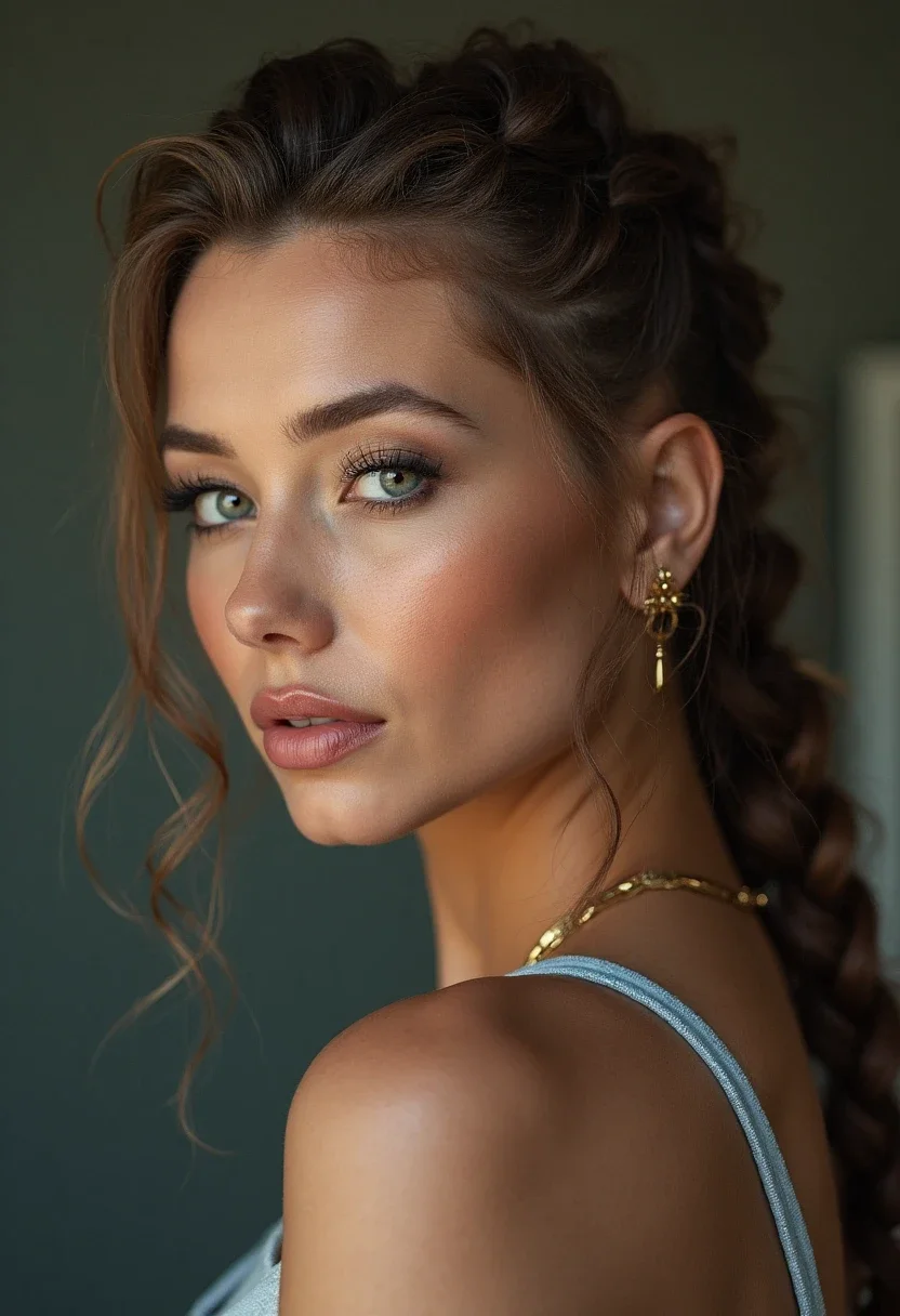 Woman with an undercut and braids, intricate braiding on top with shaved sides.