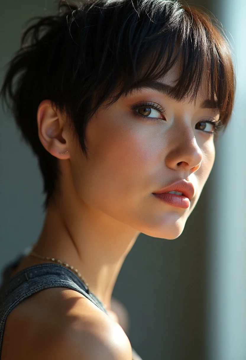 Woman with an undercut and bangs, long top hair with shaved sides.