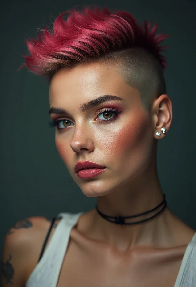 Woman with a feminine buzz cut undercut, closely shaved head with a longer section.