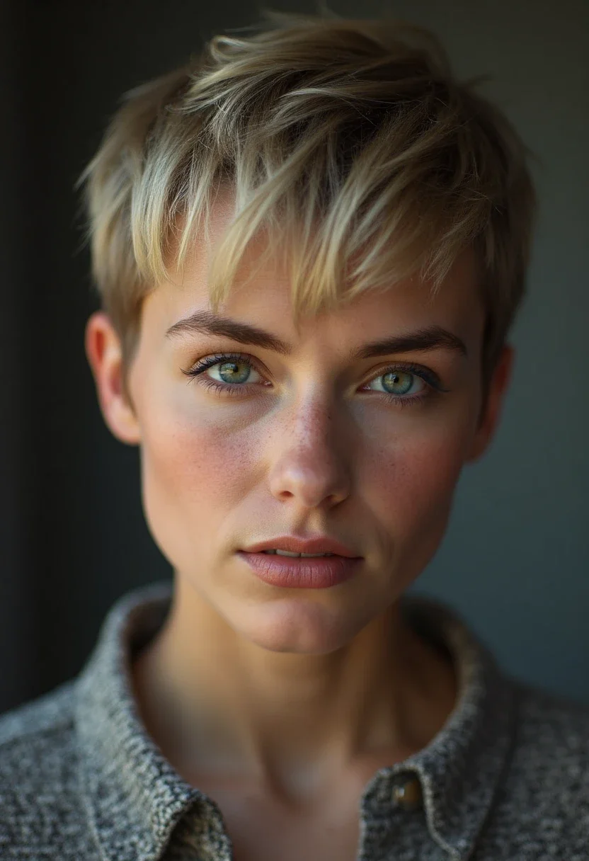 Woman with a pixie undercut, short sides and longer top layers.