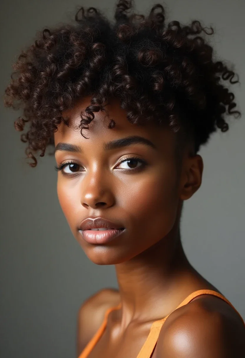 Woman with curly hair and an undercut, sides shaved and top curly.