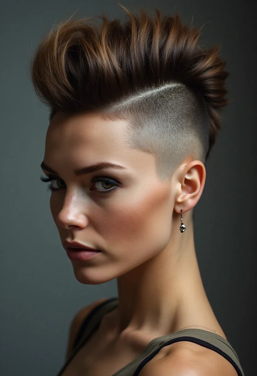 Woman with a mohawk undercut, sides shaved, hair spiked in the middle.