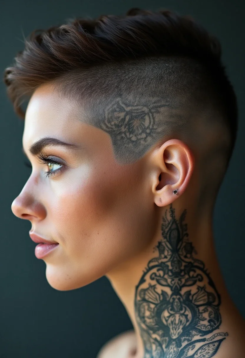 Woman with a geometric design undercut, intricate patterns shaved into the hair.