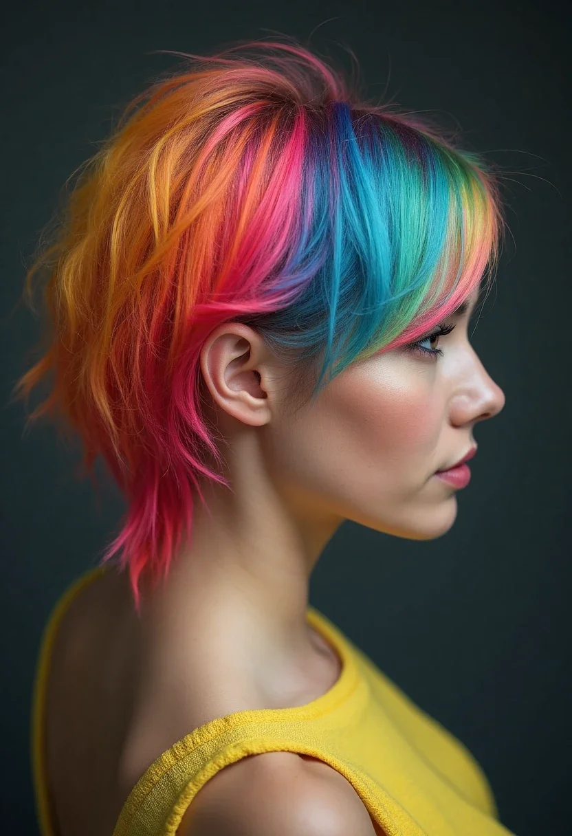 Woman with a rainbow undercut, colorful shaved area beneath longer hair.