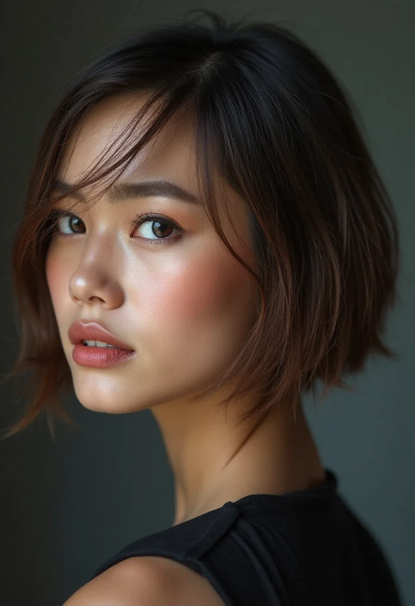 Woman with a bob and undercut, sleek bob shape with shaved underlayer.