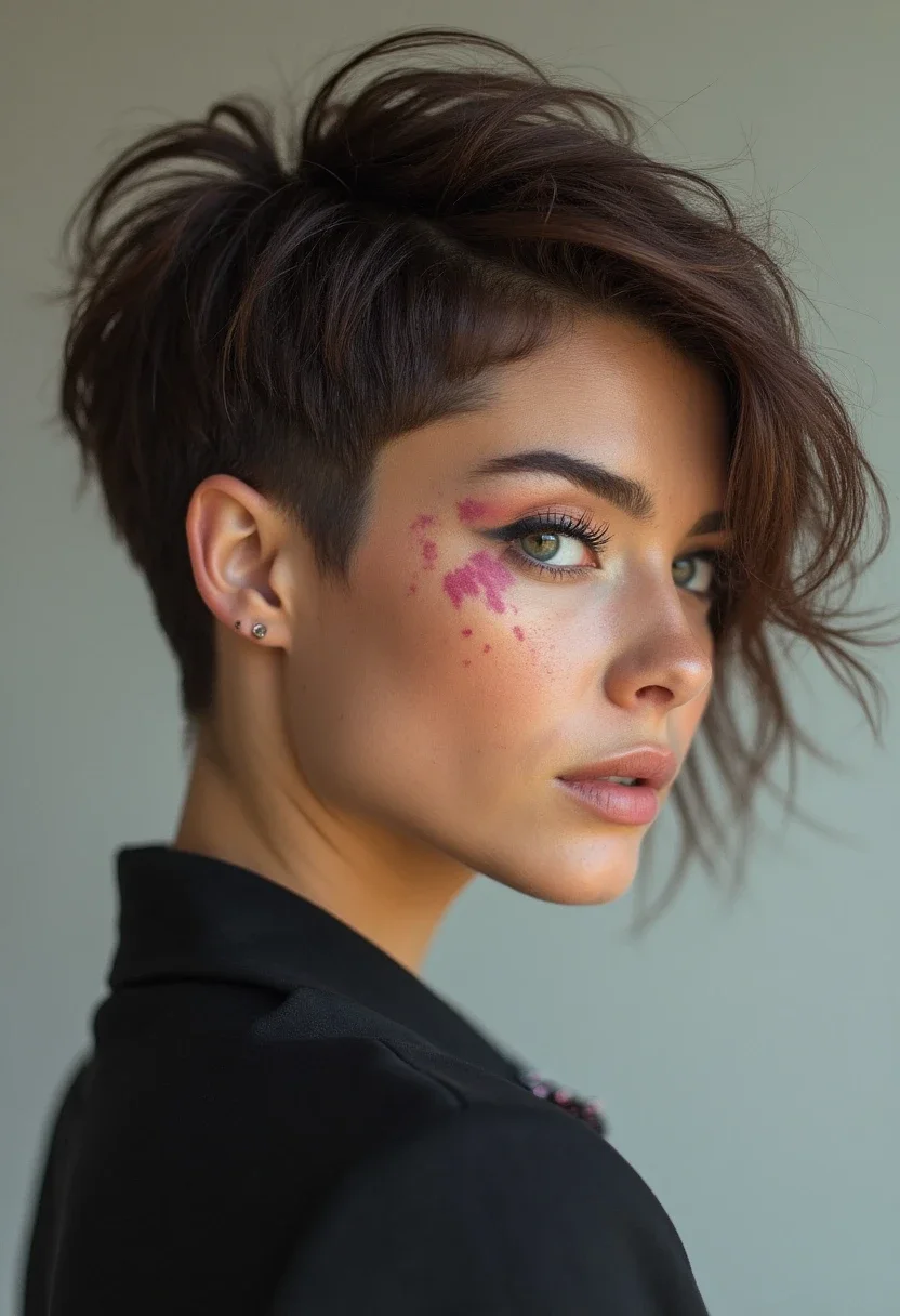 Woman with an asymmetrical undercut, uneven lengths creating a dynamic look.